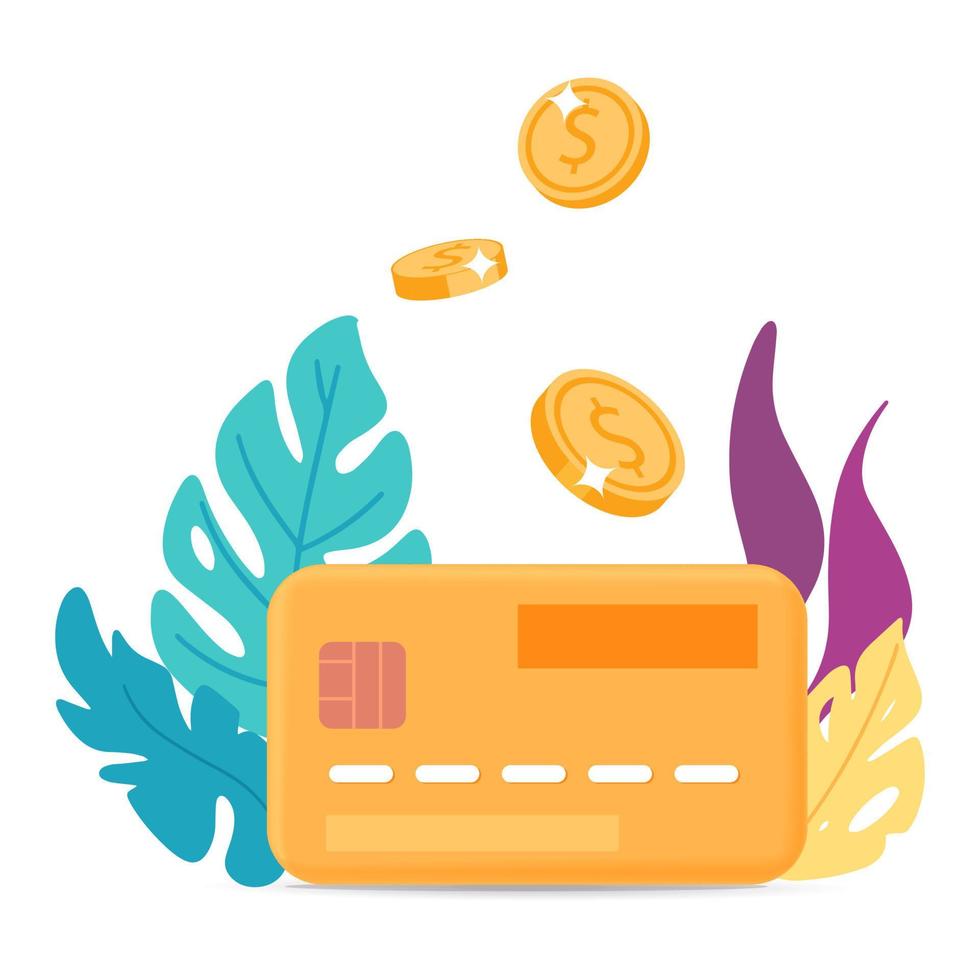 vector 3d render ilustración de diseño de icono de tarjeta bancaria de crédito. concepto de pago y compras en línea y marketing digital. tarjeta de crédito con flores tropicales y monedas de oro voladoras.