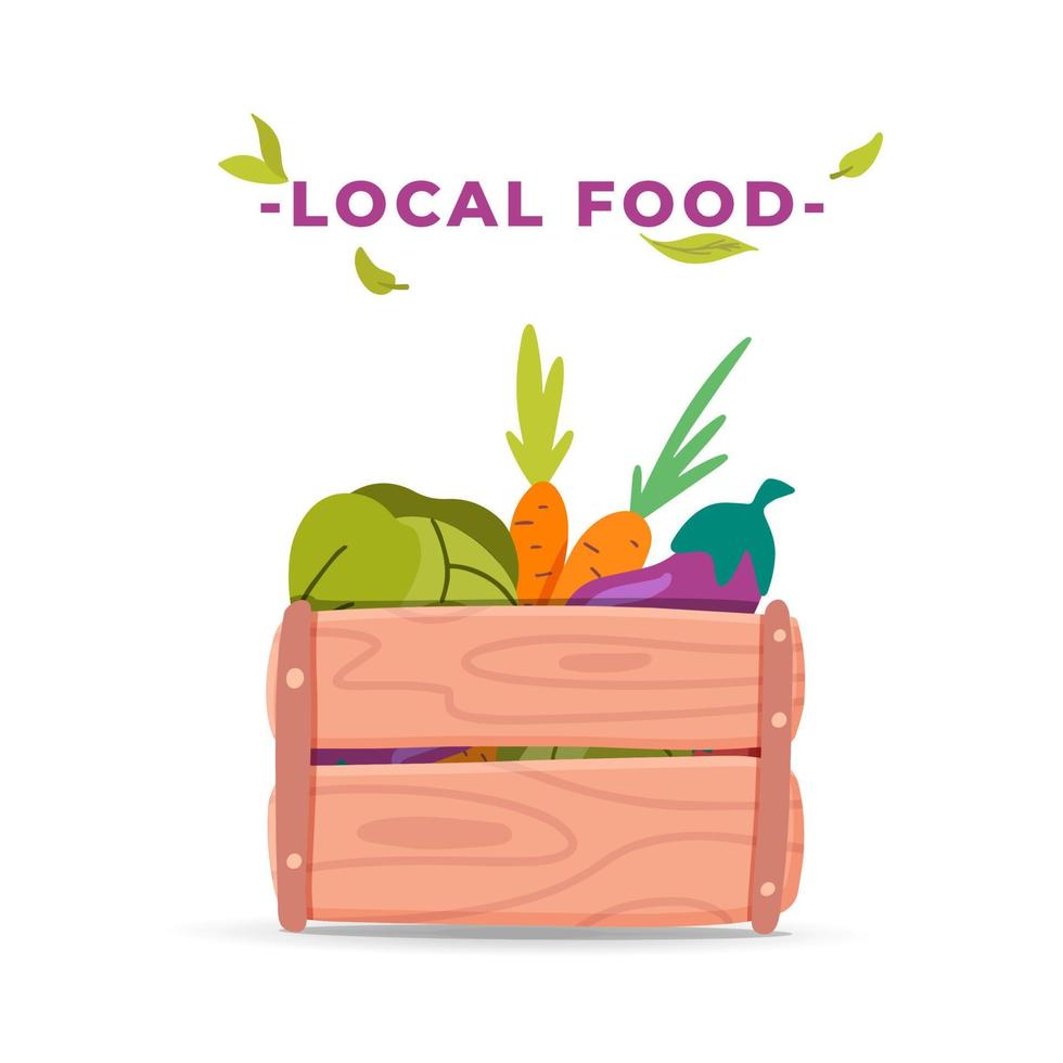 Vector wooden box with vegetables flat bannerEat Local Food flat concept illustration. Wooden box with fresh vegetables icon. Healthy eco meal design poster. Cabbage, carrot, eggplant.