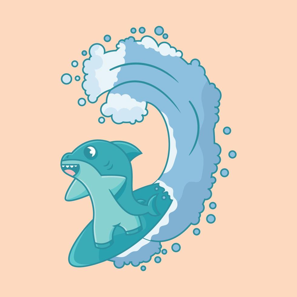 Cute Surfing Shark Character with Wave vector