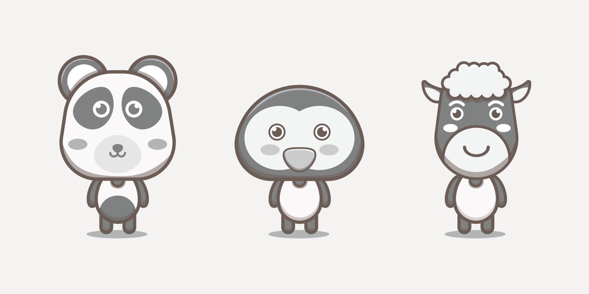 kawaii panda penguin and goat animal character vector