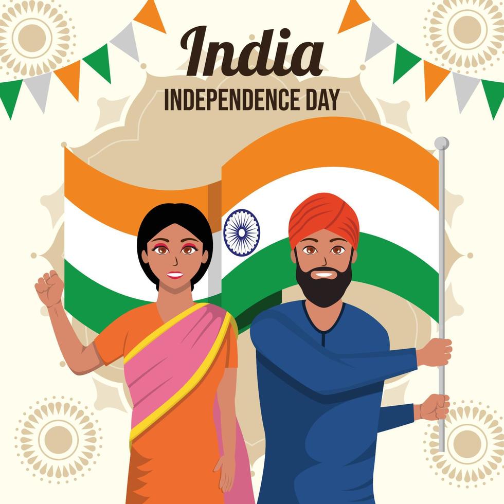 Couple of Ethnic Indian People Waving Flag vector