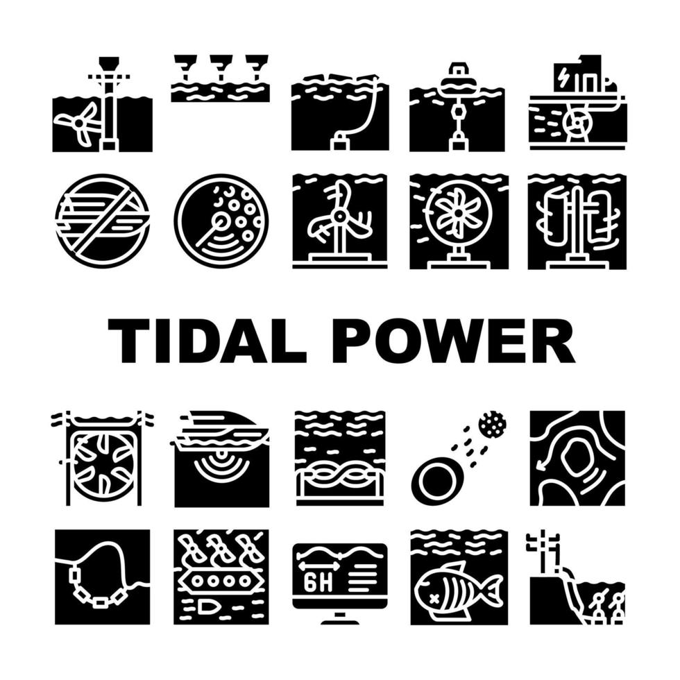 Tidal Power Plant Collection Icons Set Vector