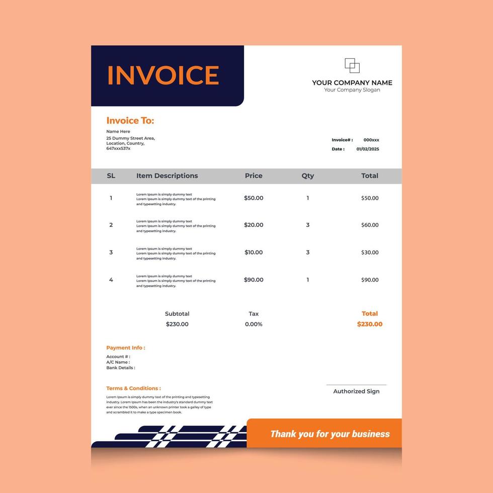 Professional and modern corporate invoice template design. Design for Letterhead, Receipt, Invoice, Order form, Proforma. Vector template
