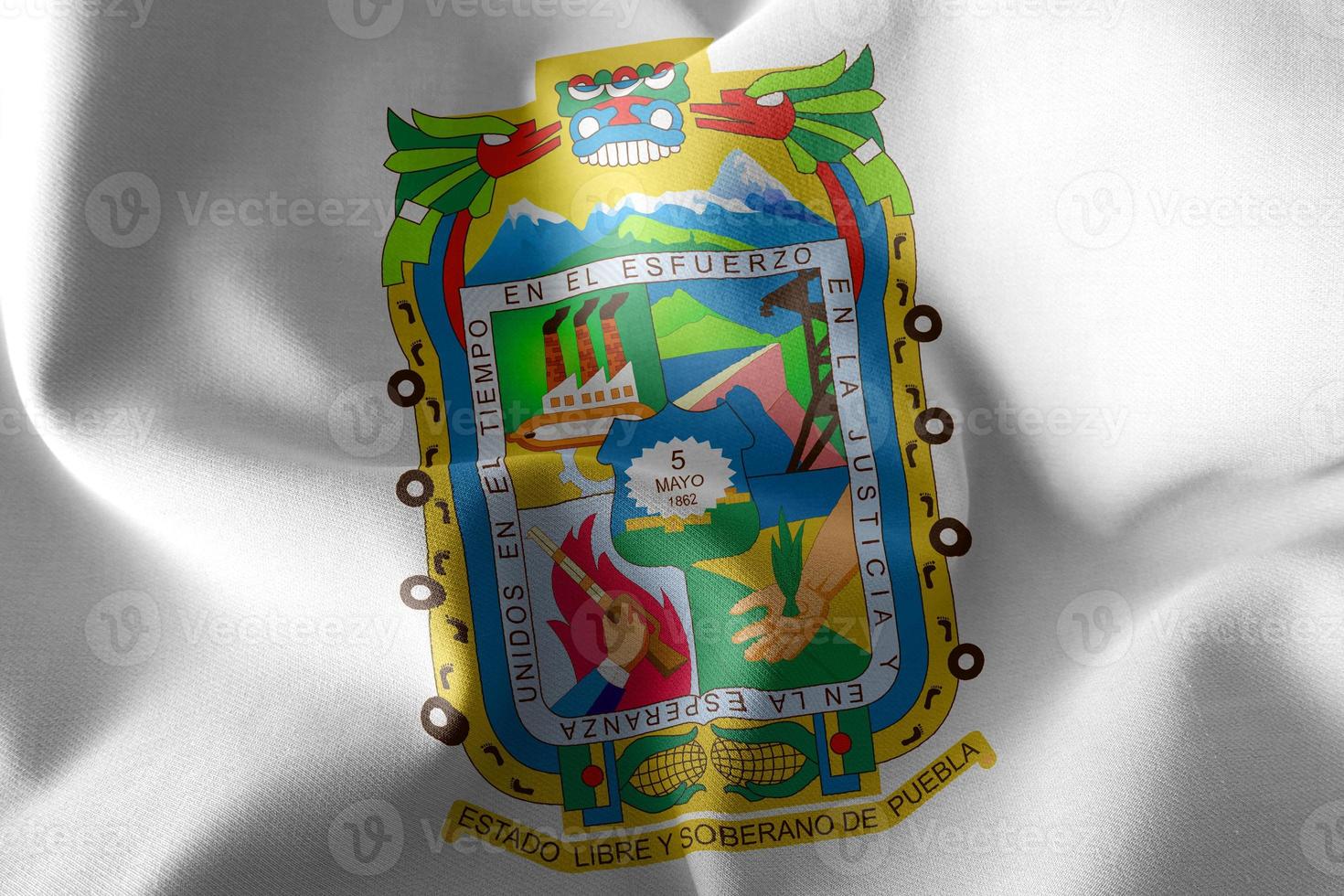 3D illustration flag of Puebla is a region of Mexico photo