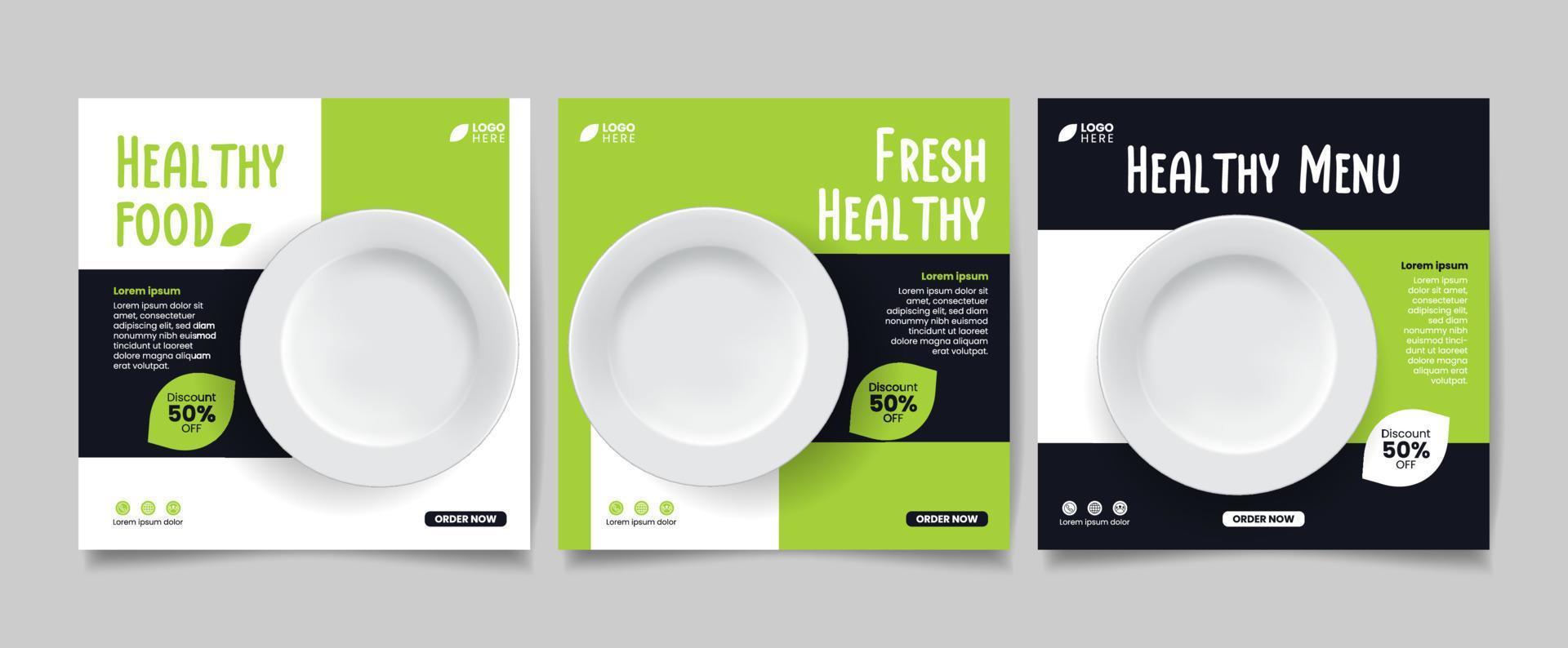 set of social media templates for healthy food posts. it is suitable for advertising, promotions and discounts vector