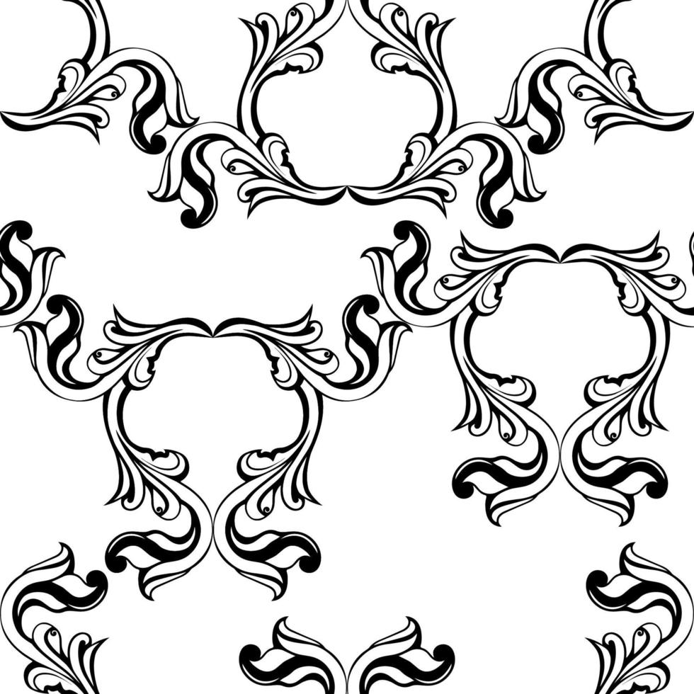 Remolino de ornamento de pergamino barroco vintage de damasco vectorial. remolino del escudo heráldico del monograma victoriano. retro floral patrón de hojas frontera follaje antiguo acanto caligrafía grabado tatuaje. patrones sin fisuras vector