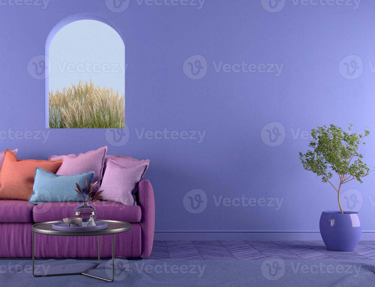 Violet room Very Peri.Sofa with pillows and arch window.Modern design interior.3d rendering photo