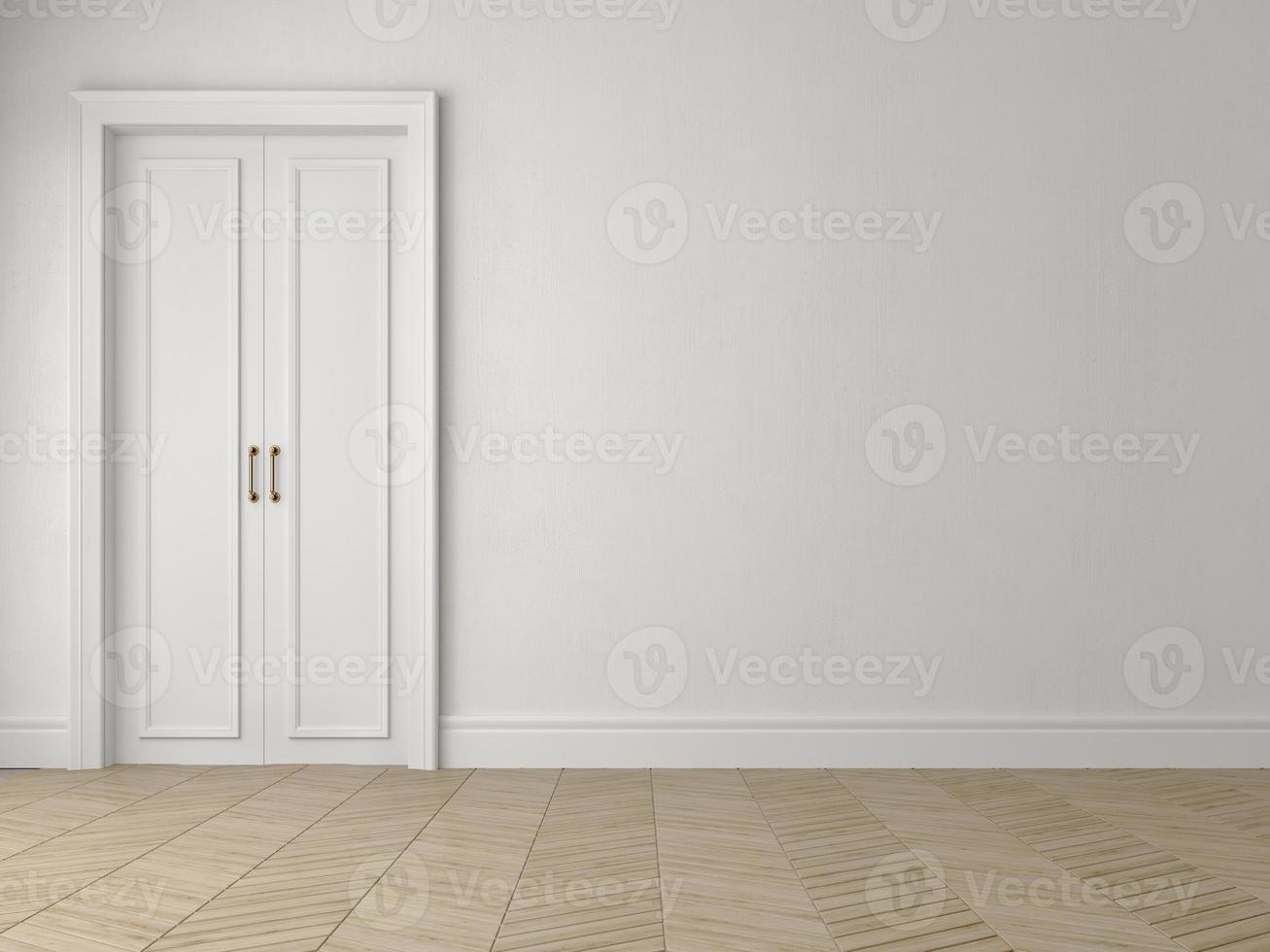 White empty room with door and wood parquet floor.3d rendering photo