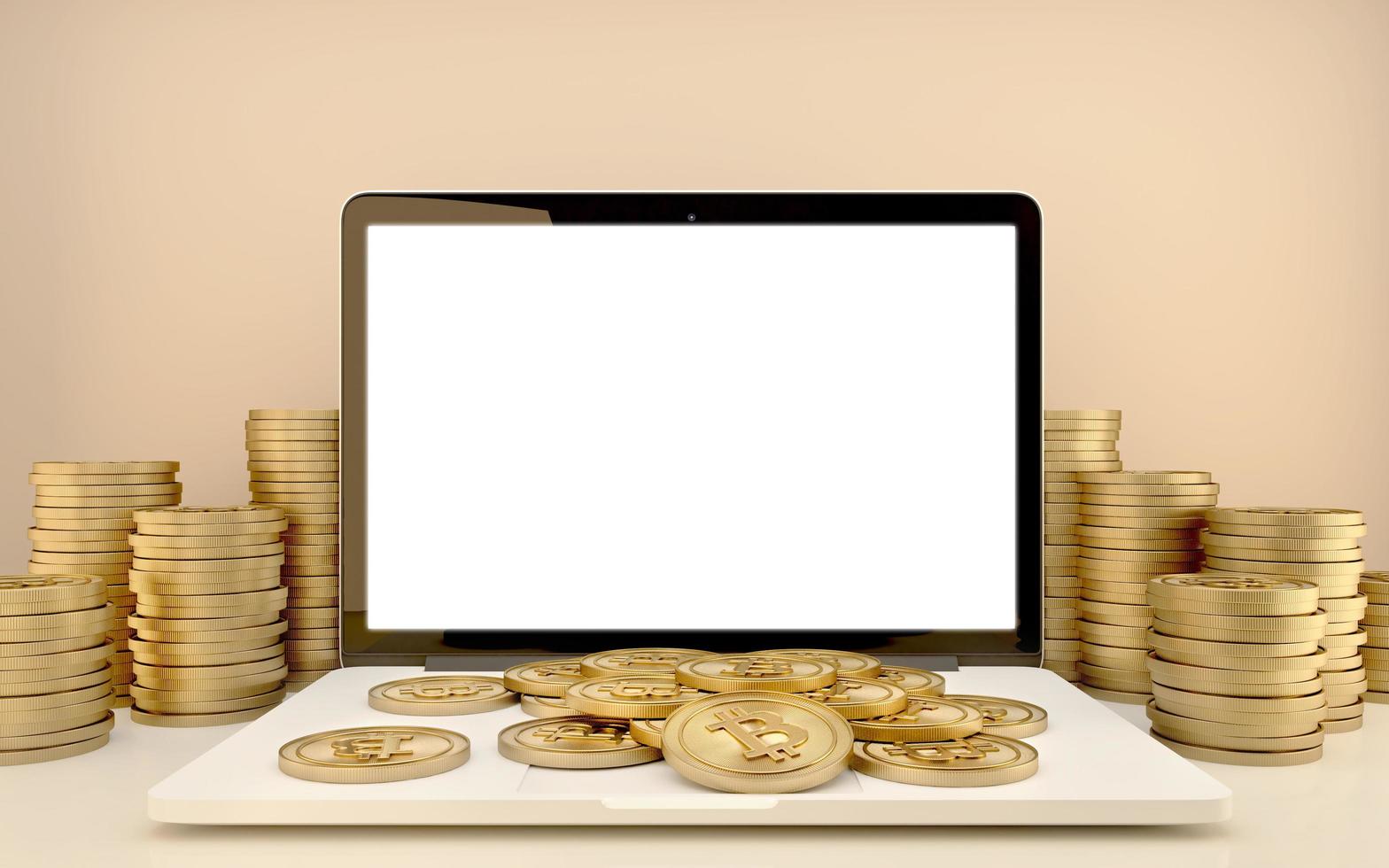 computadora portátil con monedas de dinero.concepto para marketing en Internet o negocios en línea.representación 3d foto