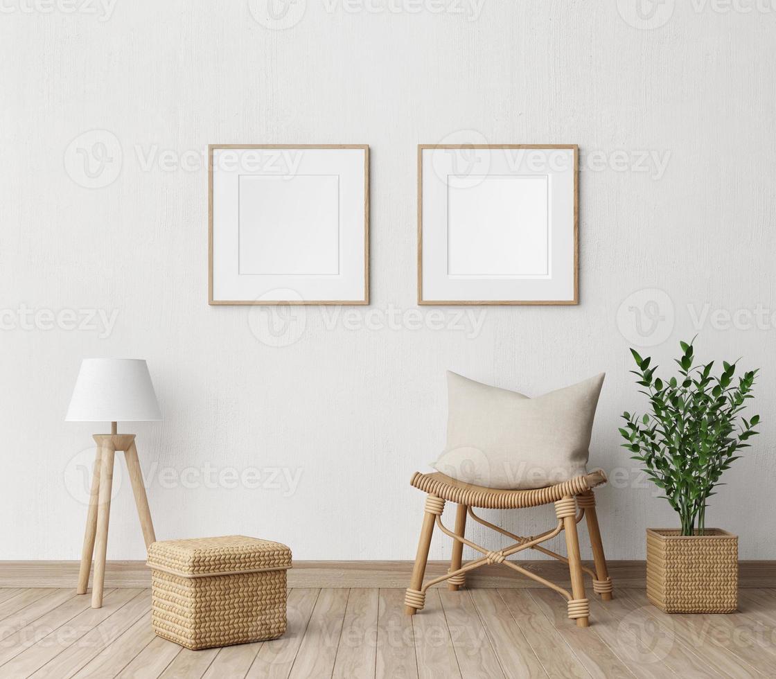 Minimal room interior with rattan chair,lamp,pot and plant,blank picture frame on white wall background.3d rendering photo