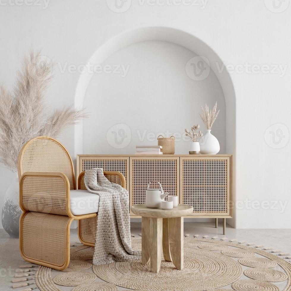 Boho style interior with wooden chair,table and white wall background.3d rendering photo