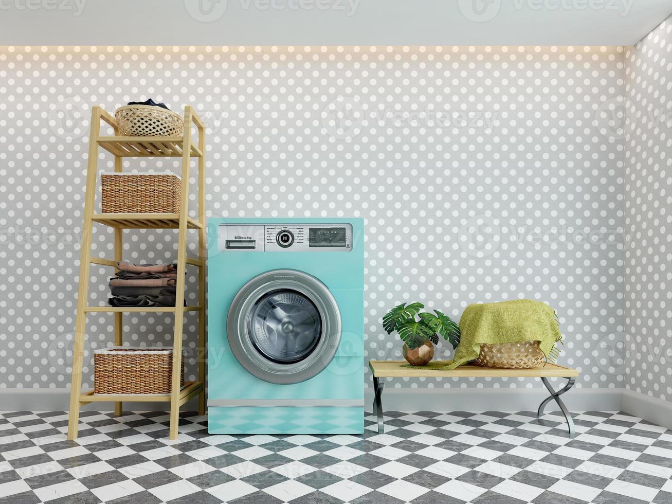 Washing machine and laundry with shelves.3d rendering photo
