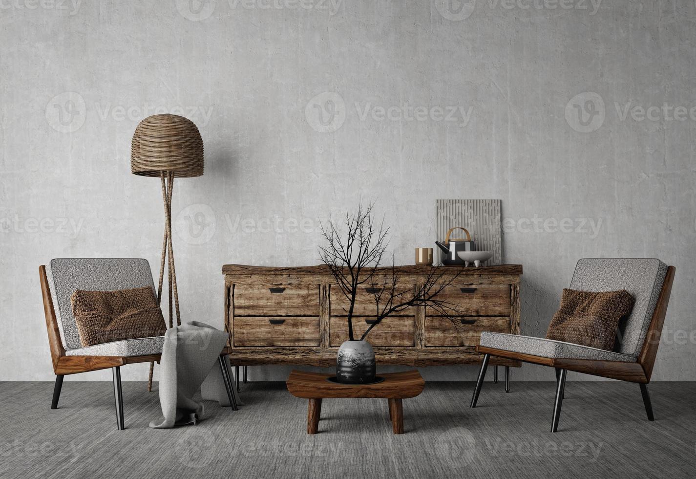 Wabi-sabi style interior mockup with chair,table,vase and floor lamp on grunge wall background.3d rendering photo
