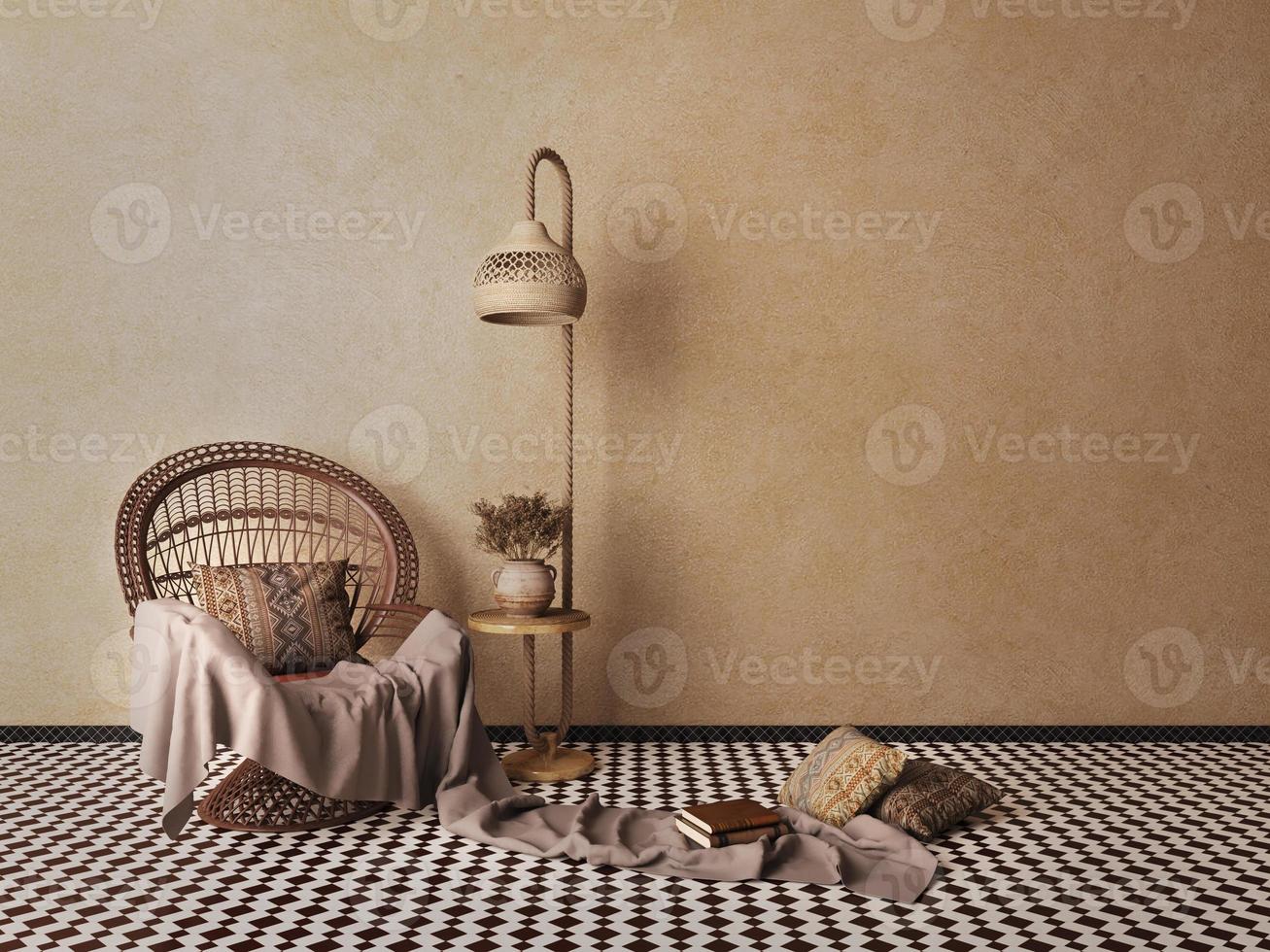 Rattan chair with lamp and dried flower vase in living room.Mock up interior.Brown wall background and patterned floor tile.3d rendering photo