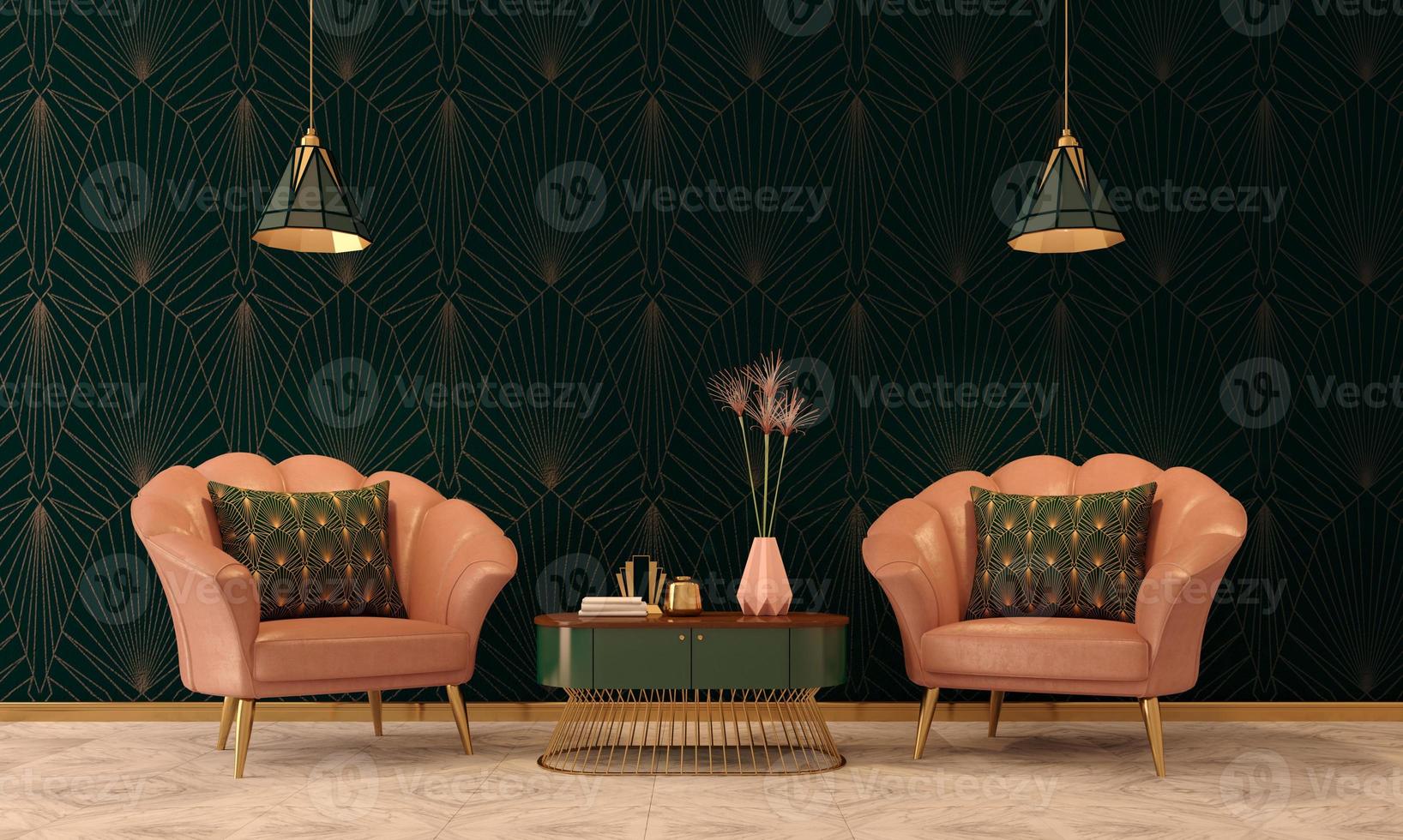 Art Deco interior in classic style with pink armchair and pillows.Pink vase on table.Dark green wall with ceiling lamps.3d rendering. photo