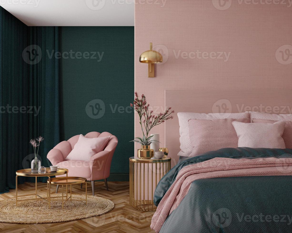 Bedroom interior.Art deco style.Design with green pink and gold color.3d rendering photo