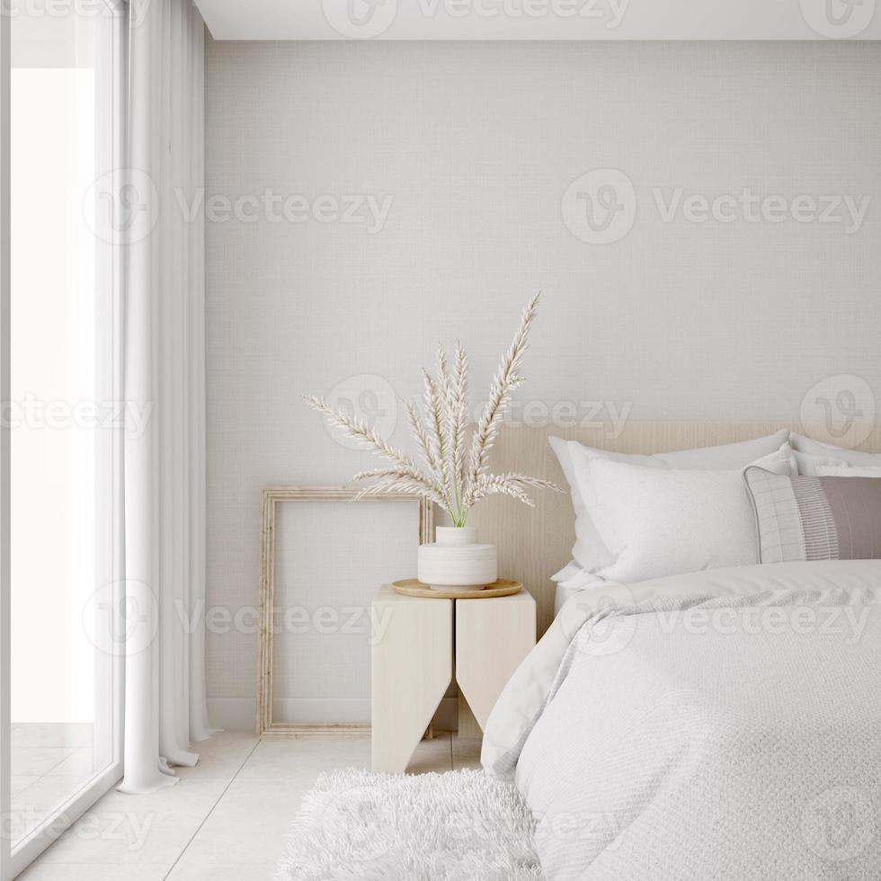 interior de dormitorio blanco.diseño de tonos tierra.representación 3d foto