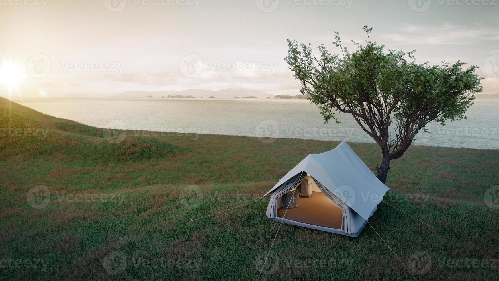 Camping.Evening scence.Tent under the big tree on a meadow,hill,mountains with sea background.3d rendering photo