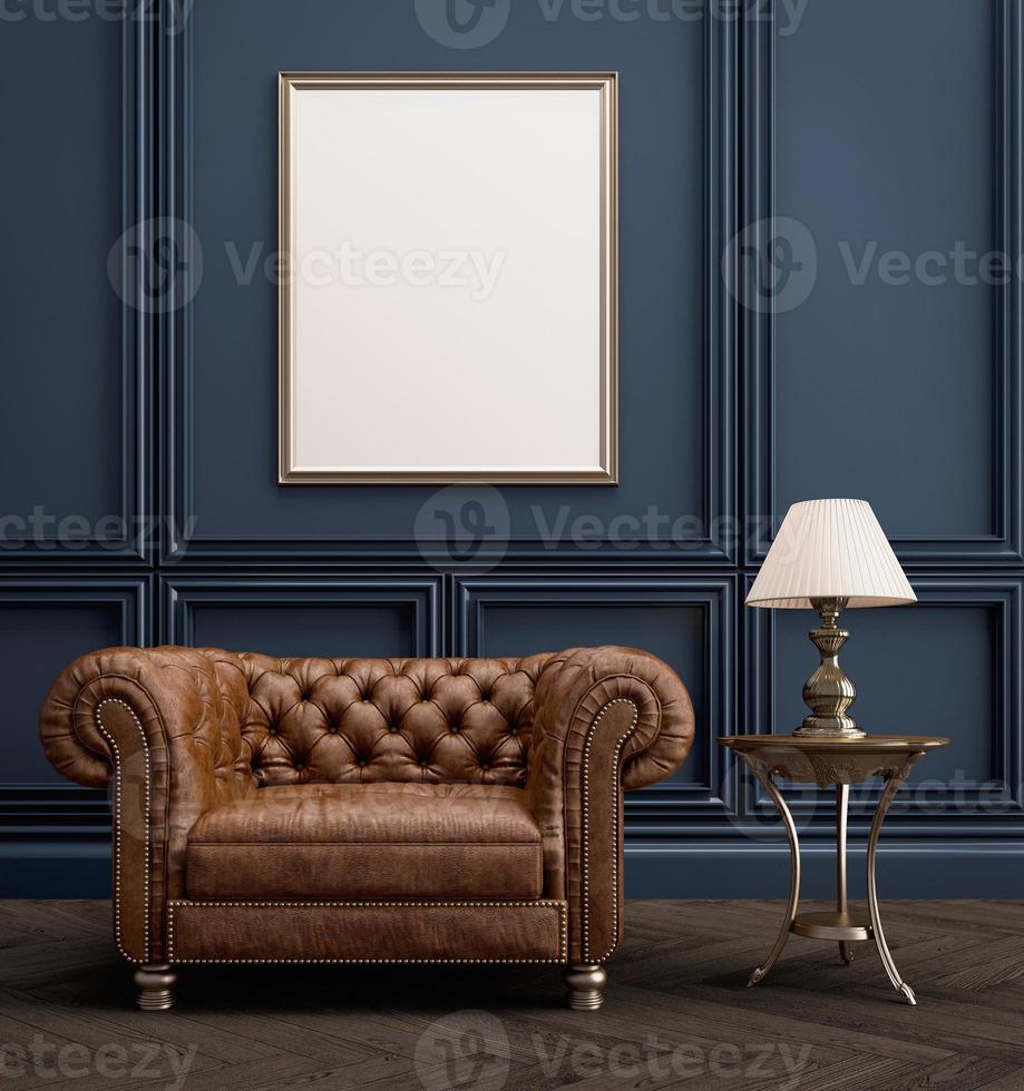 Classic style interior.Leather armchair with lamp,blank picture frame and blue wall.3d rendering photo