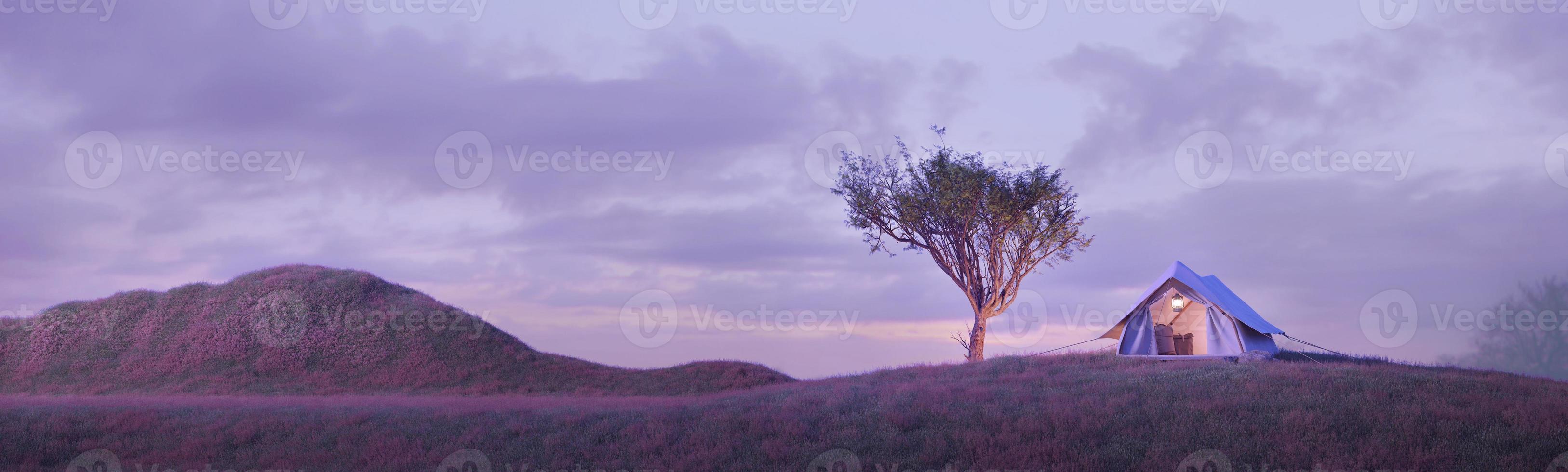 Camping.Evening scence panorama.Tent under the big tree on a meadow,hill,mountains.3d rendering photo