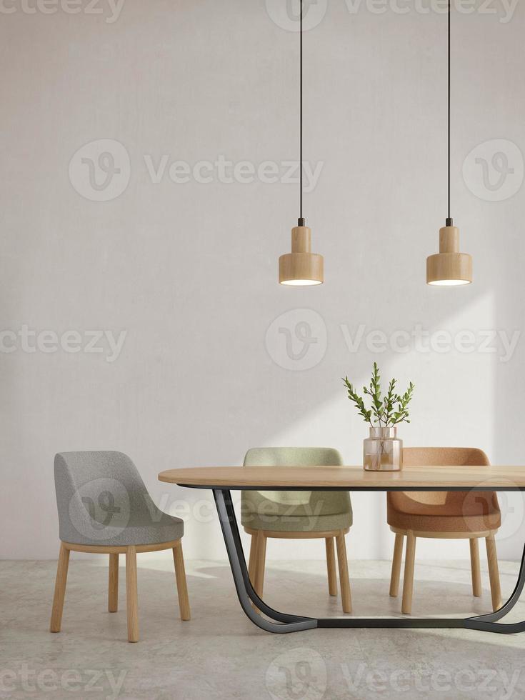 Modern dining room interior minimal style.Chairs,table,glass vase and ceiling lamp with sunlight on white wall background.3d rendering photo