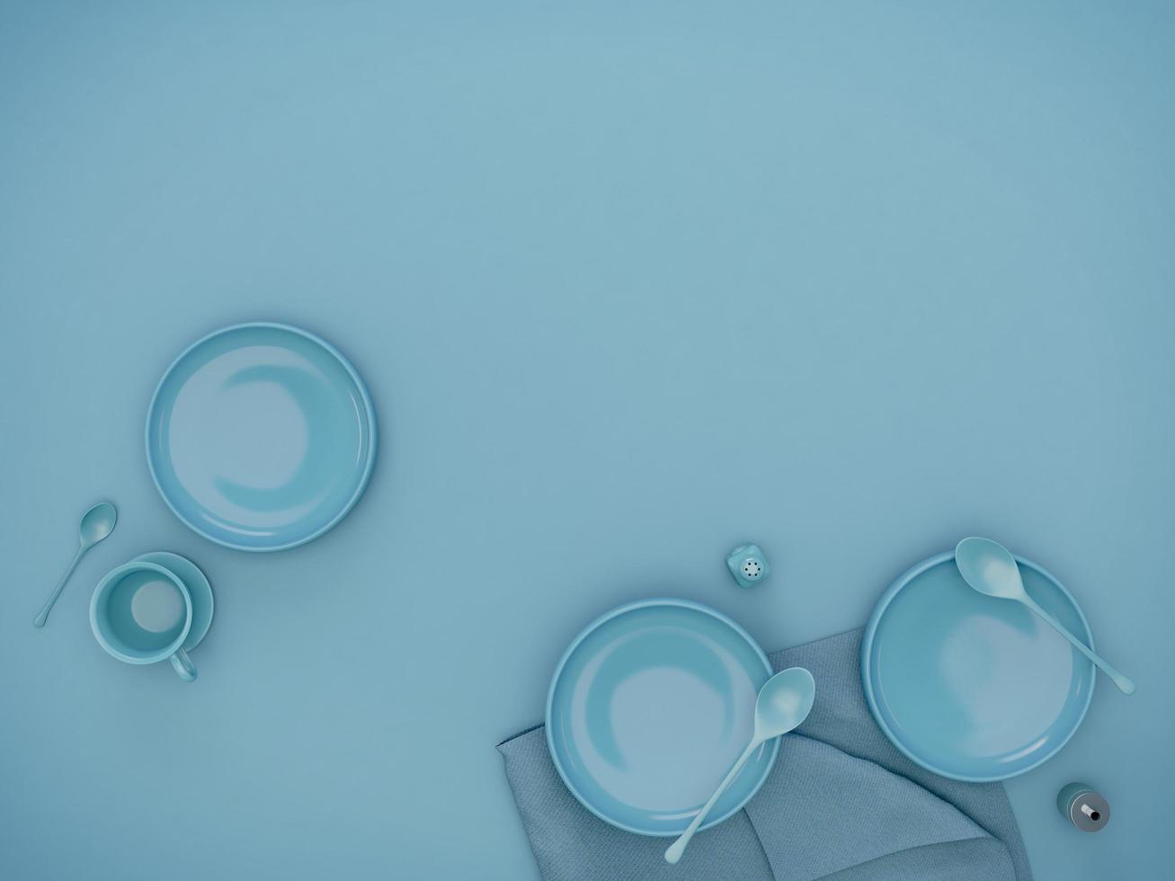 Top view of empty dish with spoon in pastel blue.Design for food and dessert concept.3d rendering photo