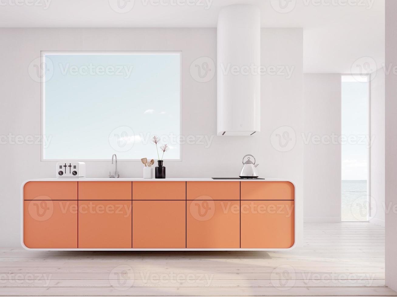 Modern white kitchen near window and sea view outside with a wooden floor,countertops with beige color cupboards,,set of kitchen equipment.3d rendering photo