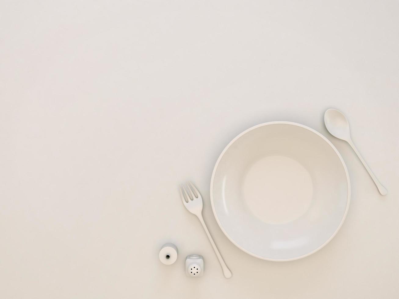 Top view of empty dish with spoon and folk in cream color.Design for food and dessert concept.3d rendering photo