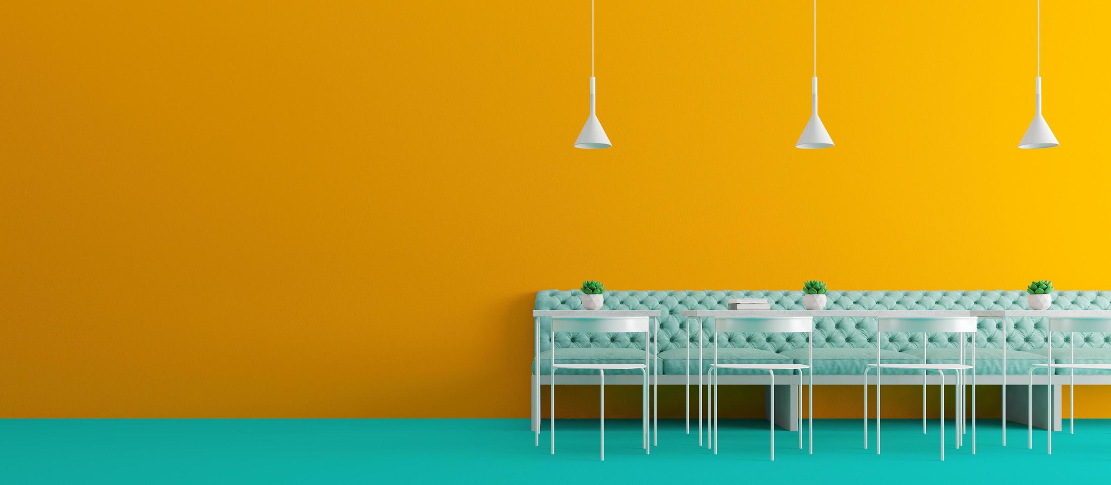 diseño de cafetería interior.concepto minimalista con color azul y amarillo.representación 3d foto