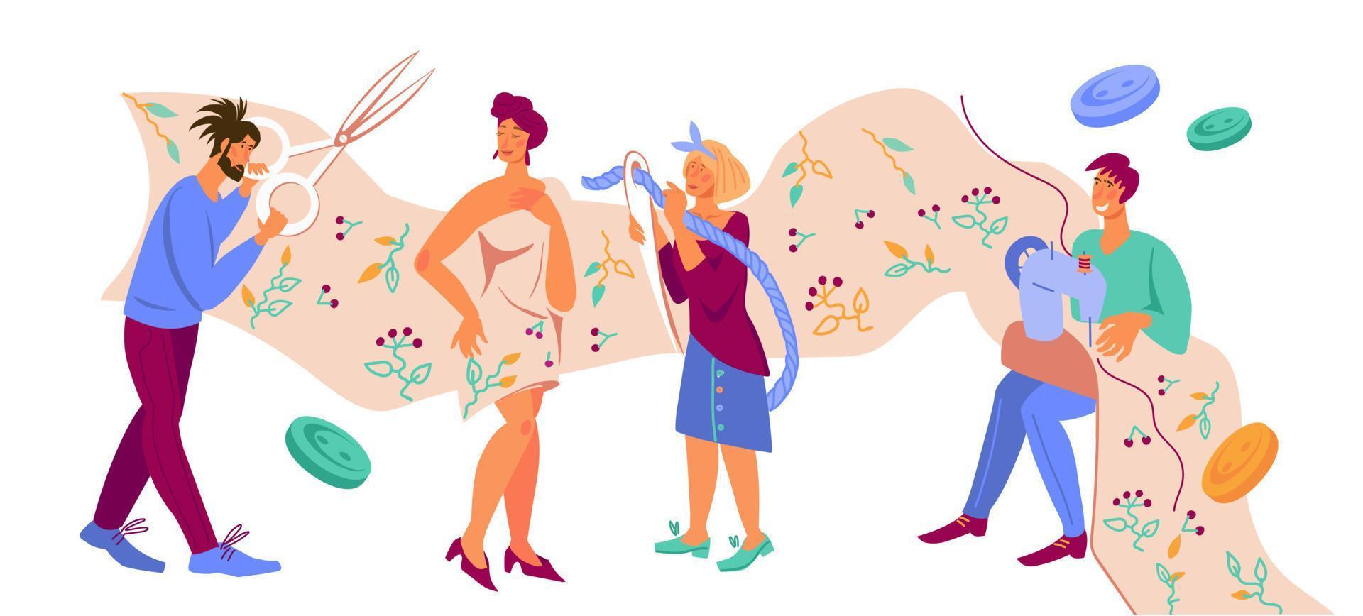 Fashion atelier or sewing workshop with people characters busy with making clothes, flat vector illustration isolated. Tailors and dressmakers, designers at work. Needlework and crafting concept.
