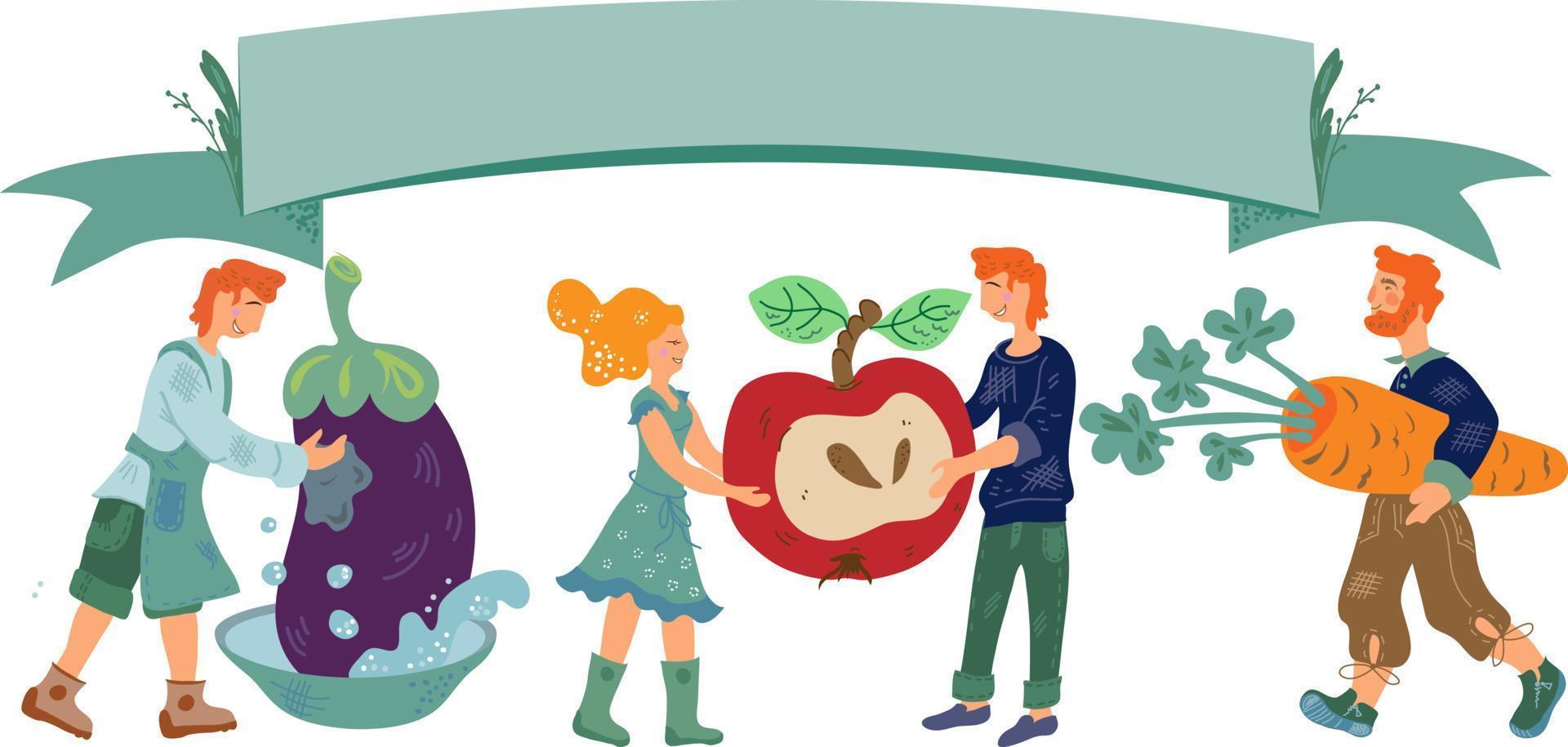 Autumn harvest banner with people and vegetables vector illustration isolated.