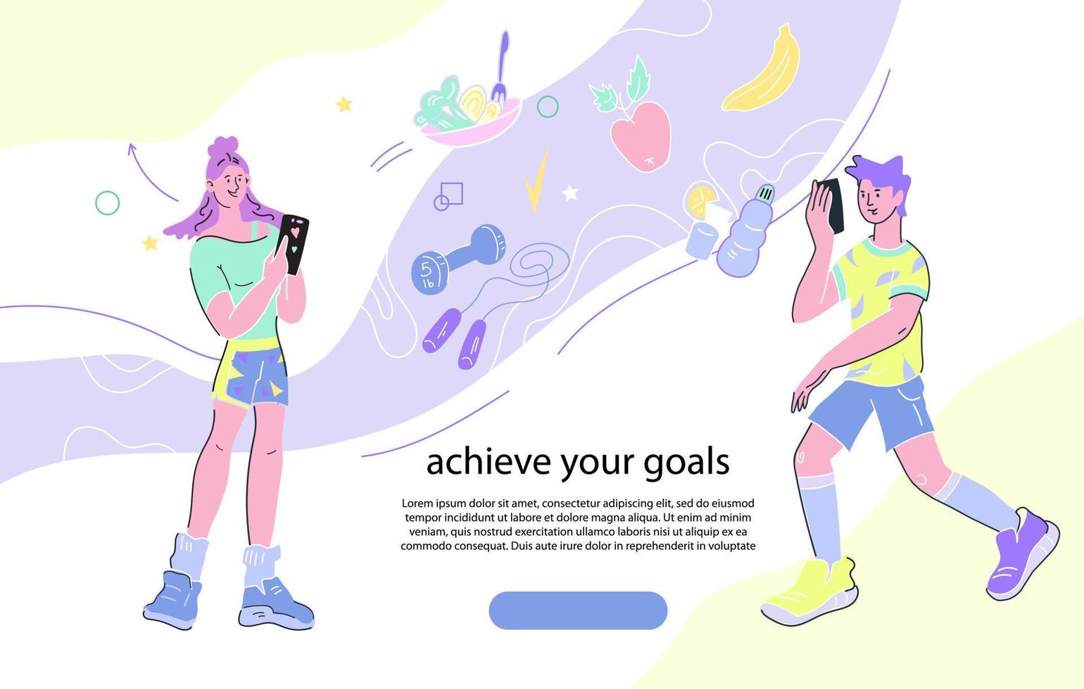 Diet planner and fitness training application concept. Healthy eating, weight loose and sport activity banner with people cartoon characters using smartphone app for dieting, flat vector illustration.