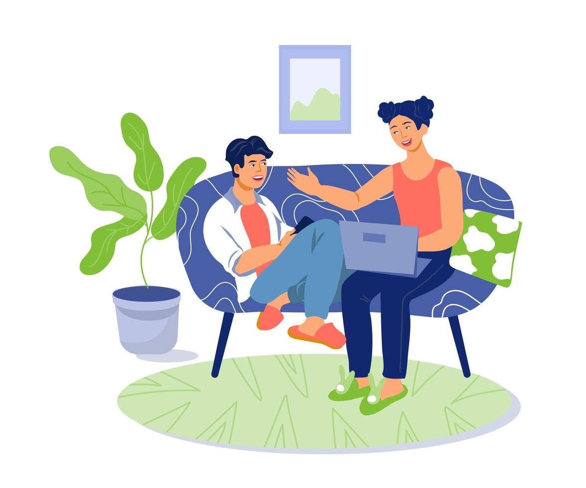 People cartoon characters - friends or romantic couple chatting friendly sitting on sofa or couch. After working evening or weekend leisure and rest at home. Flat vector illustration isolated.