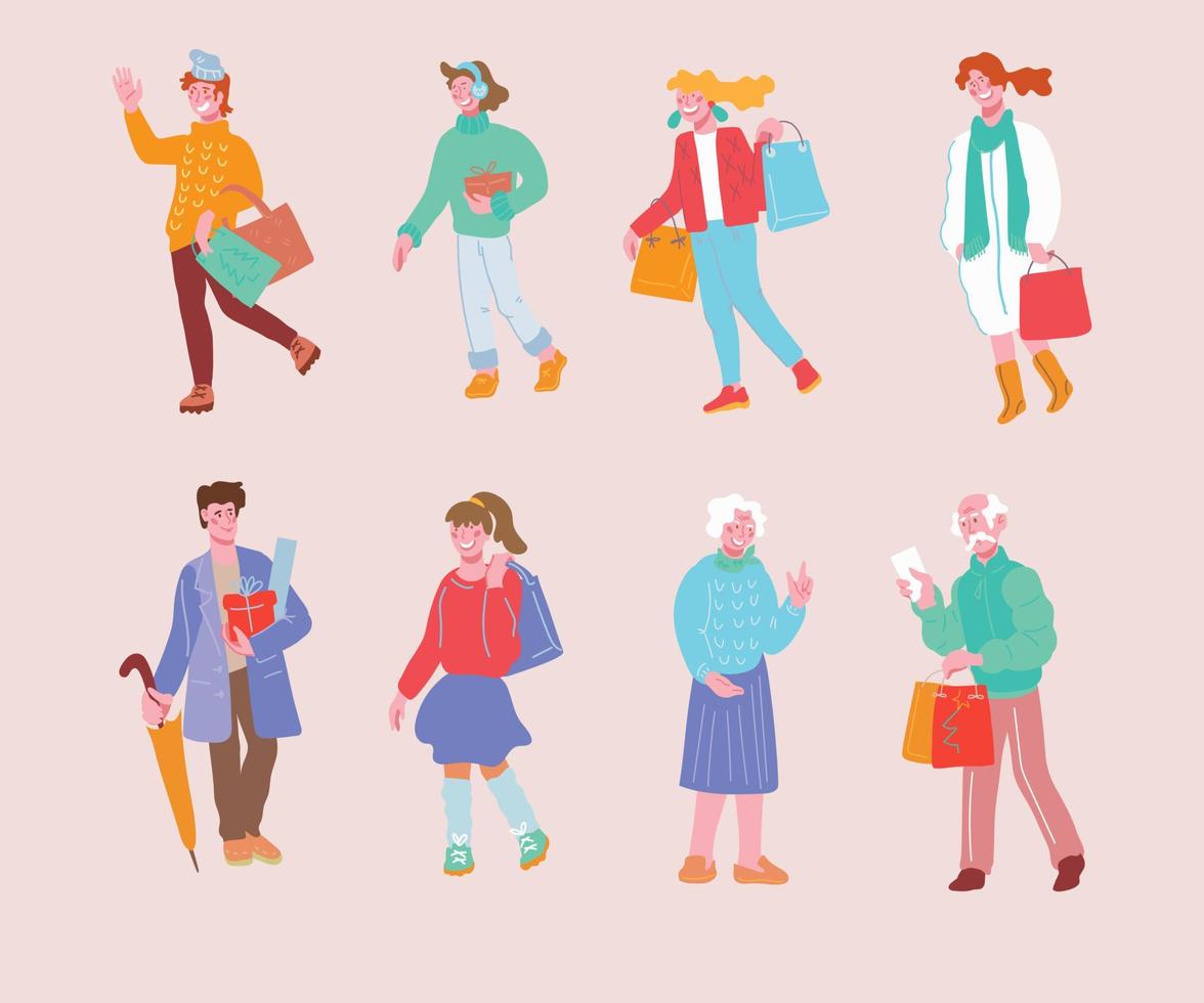 Set of people cartoon characters shopping for Christmas Holidays. Men and women carrying shopping bags with Xmas and New Year presents and purchases. Flat vector illustrations isolated.