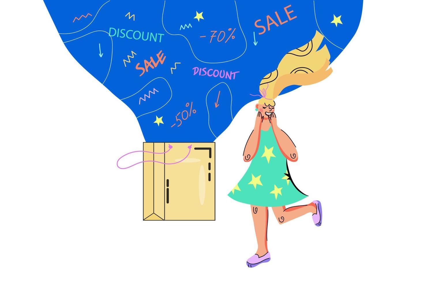 Happy buyer female character near shopping bag. Sale and discount event promotion advertising banner template. Special offer and final season online sale. Flat vector illustration isolated on white.