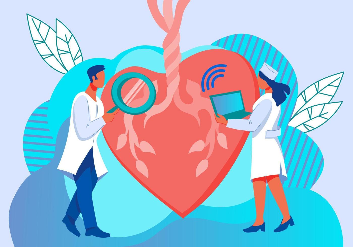 Los médicos, cardiólogos, realizan exámenes médicos o diagnósticos del corazón humano. chequeo o concepto de consulta de atención médica, plantilla de banner del día mundial del corazón. ilustración vectorial plana. vector