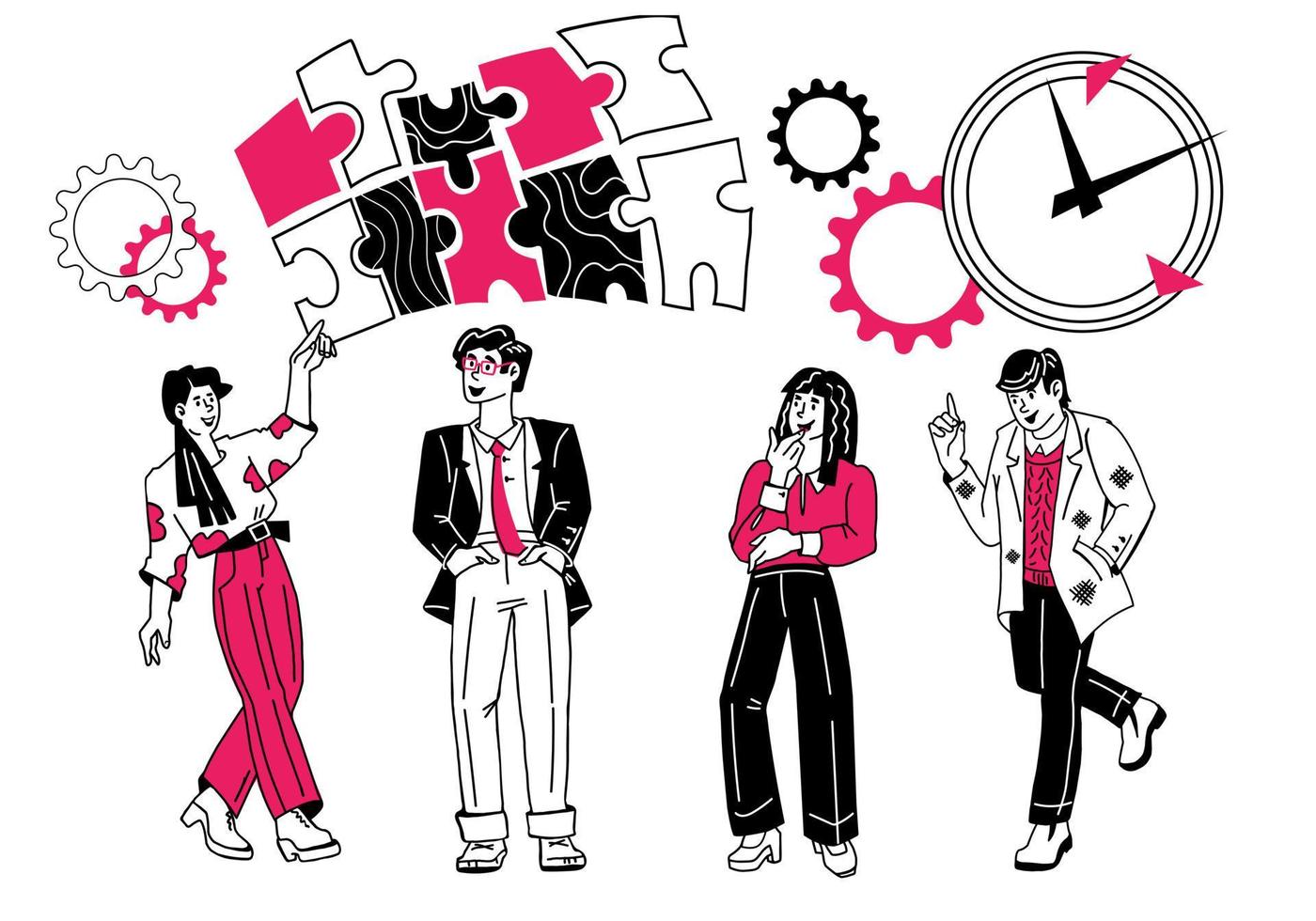 Doodle cartoon style concept of effective working time organization, deadline and effective teamwork. Time management, finance and money save. Vector illustration isolated on white background.