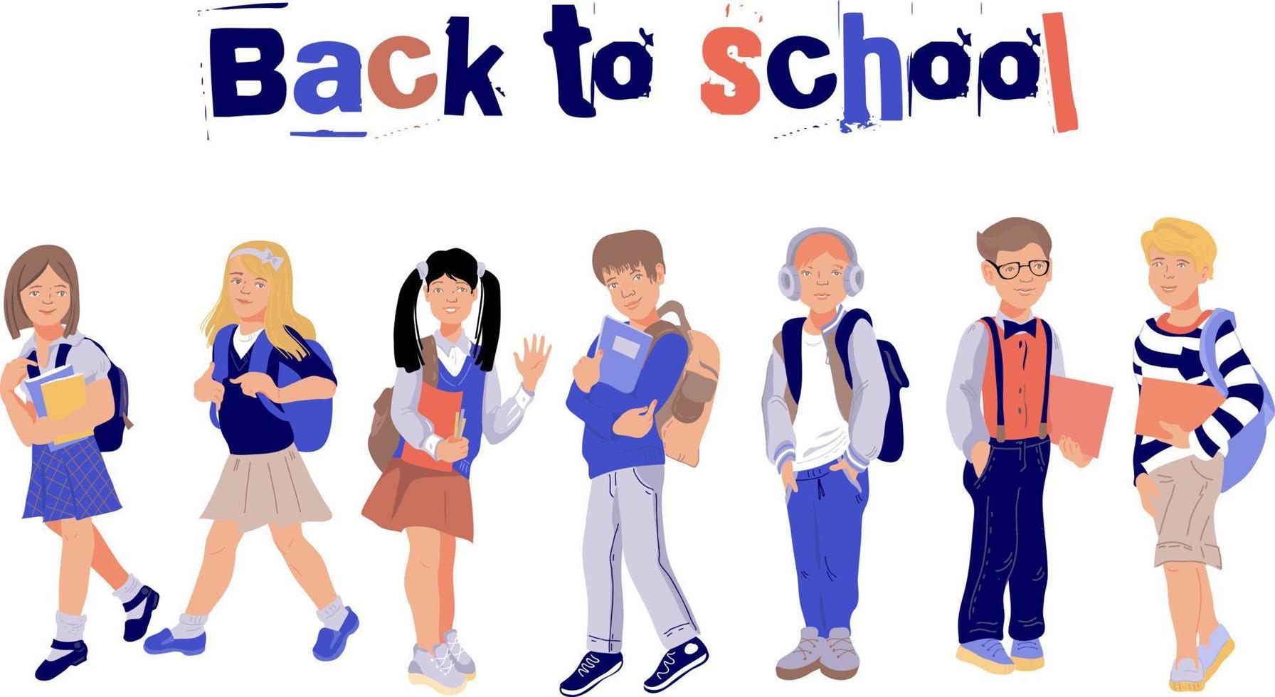 banner o afiche de regreso a la escuela con niños, escolares y colegialas personajes de fondo de ilustración vectorial plana. niños lindos en el concepto educativo de la escuela de otoño. vector