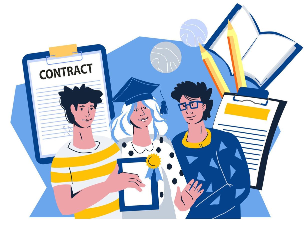 WebGraduates with diploma signing employment contract. Banner for recruitment agency and educational programs of universities or colleges with students getting job offer, flat vector isolated.