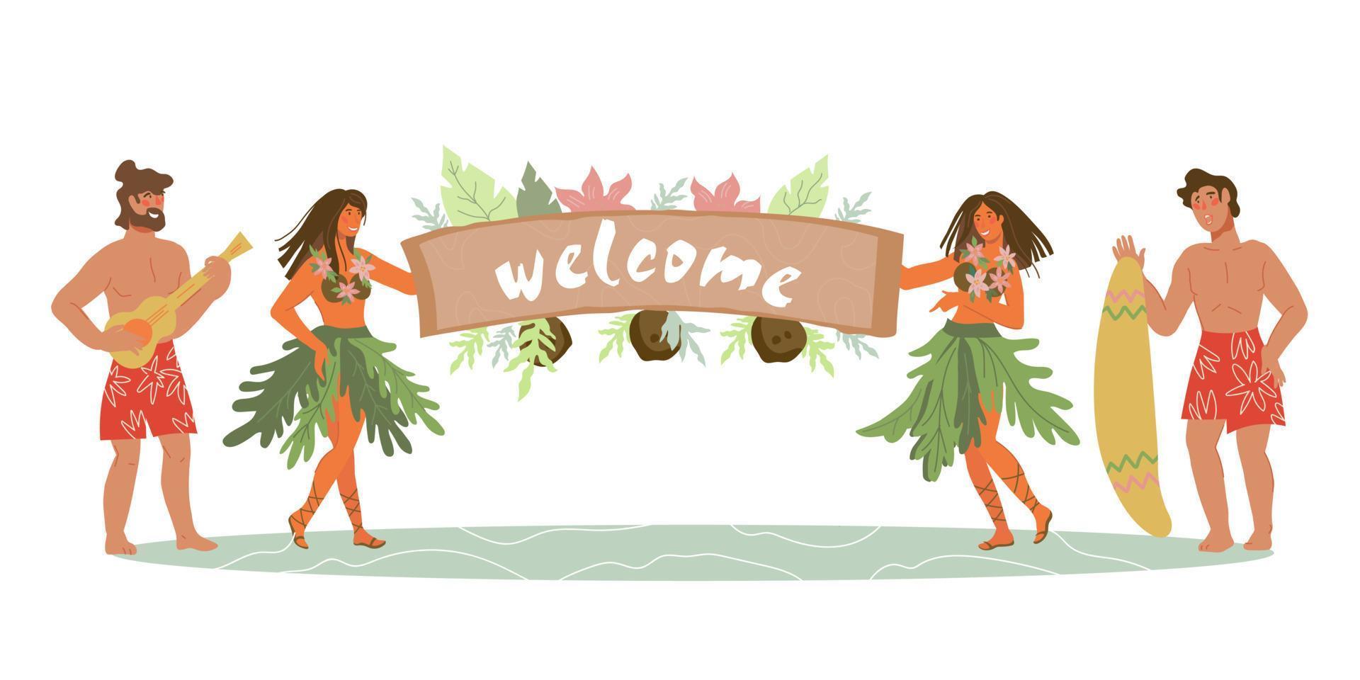 banner de bienvenida de verano o plantilla de póster con bailarines hawaianos. invitación a una fiesta en la playa tropical o fondo de carteles con hojas y personajes de personas. ilustración vectorial plana aislada. vector