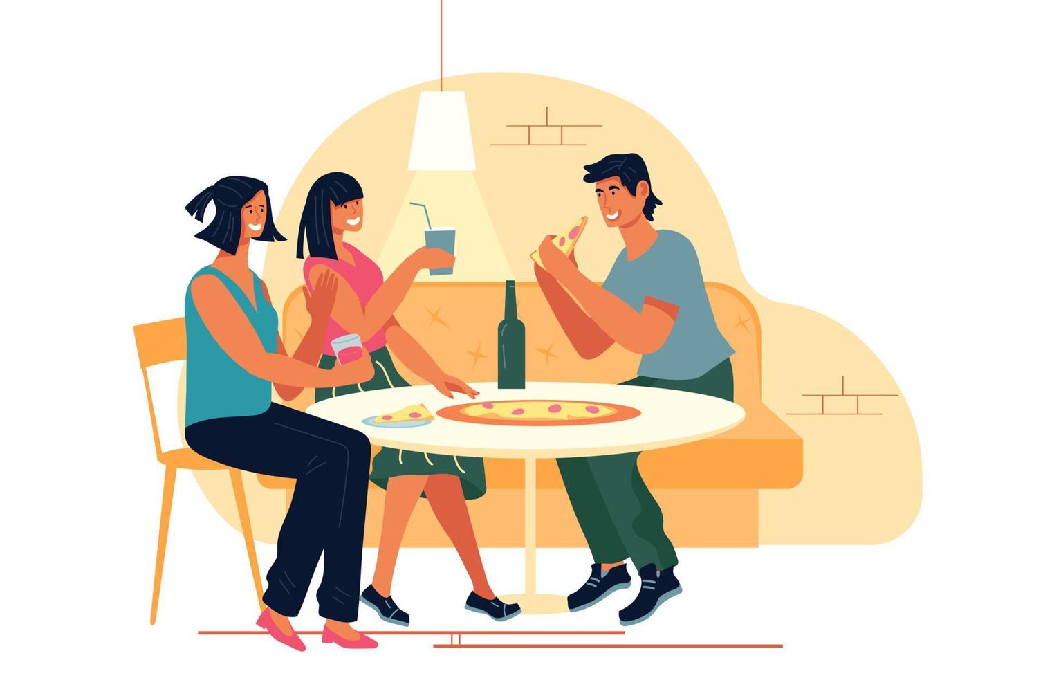 jóvenes comiendo pizza en pizzería o restaurante de comida rápida y disfrutando de la cena y la comunicación, ilustración vectorial plana aislada en el fondo blanco. vector