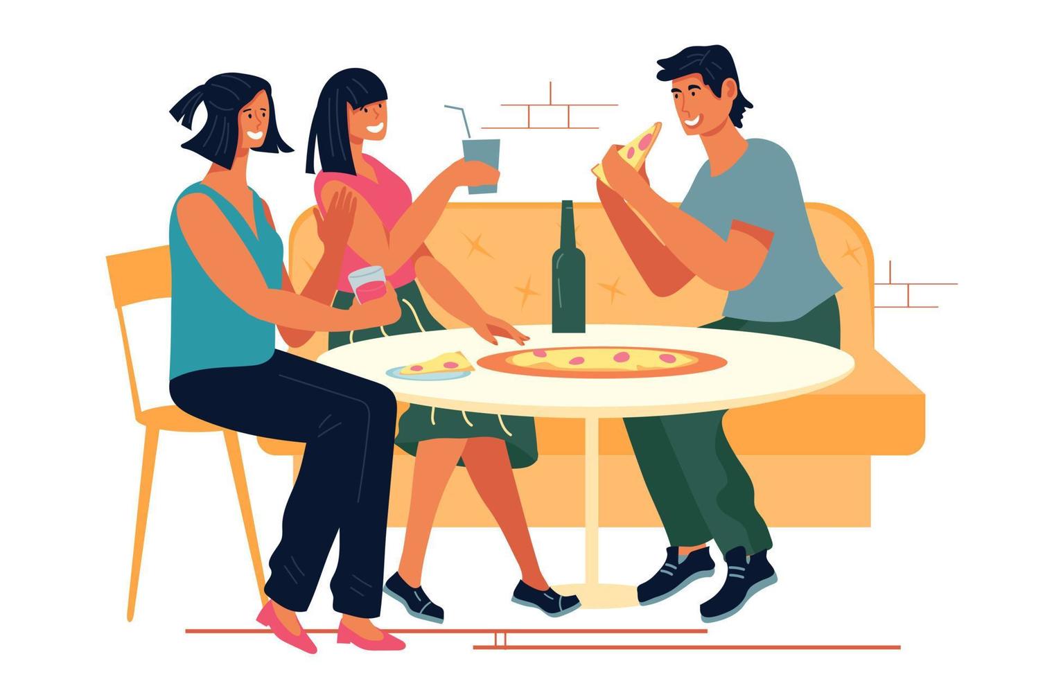 hombres y mujeres comiendo pizza en una pizzería o en un restaurante de comida rápida, ilustración vectorial plana aislada en el fondo blanco. amigos charlando sentados a la mesa con pizza. vector