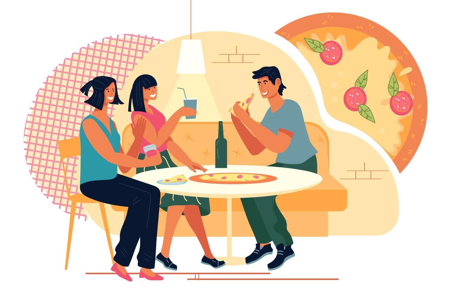 amigos reunidos en pizzería o restaurante de comida rápida y disfrutando de la cena y la comunicación. cafetería de cocina italiana o escena de cafetería callejera. concepto de ocio y recreación. ilustración vectorial plana. vector