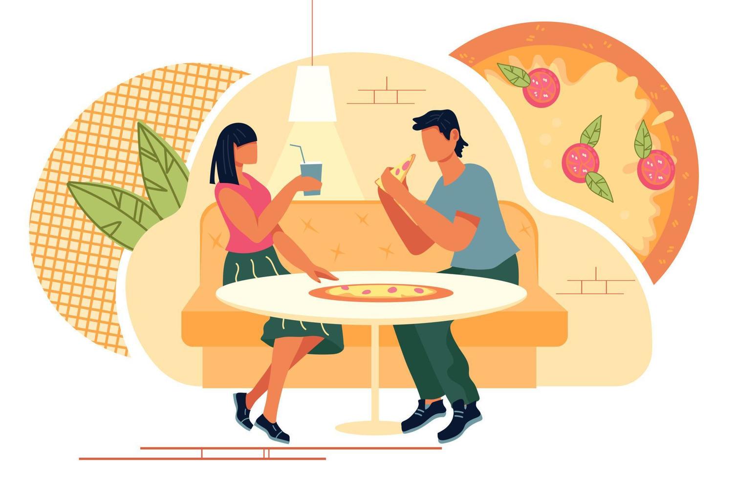 Couple in Pizzeria or fast food restaurant enjoying dinner and communication. Italian cuisine cafe or street cafeteria and people cartoon characters. Cookery and eating out. Flat vector illustration.