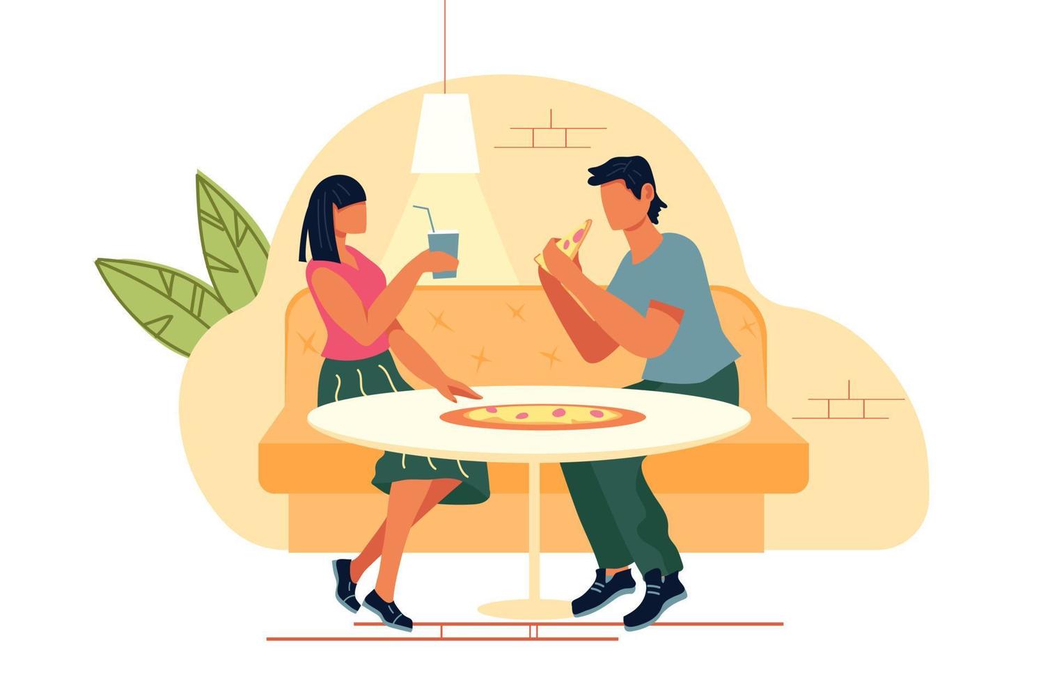 Man and woman eating pizza in Pizzeria cafe or fast food restaurant, flat vector illustration isolated on white background. Dating and leisure, spare time and weekend.