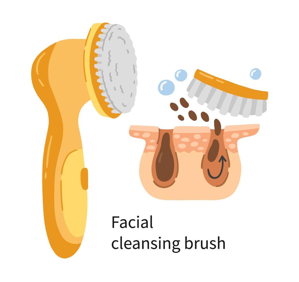 Cleansing ultrasonic facial brush vector illustration with layers of dermis and pores. Electric device for skin care and washing in a doodle cartoon style. Removal of blackhead, cells and scrubbing