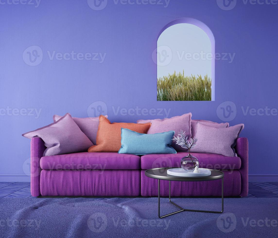 Violet room Very Peri.Sofa with pillows and arch window.Modern design interior.3d rendering photo