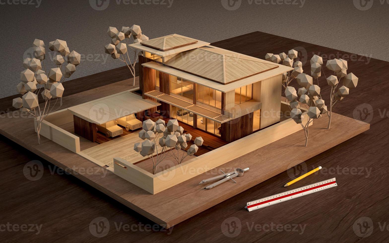 Architectural model with scale on wood table.3d rendering photo