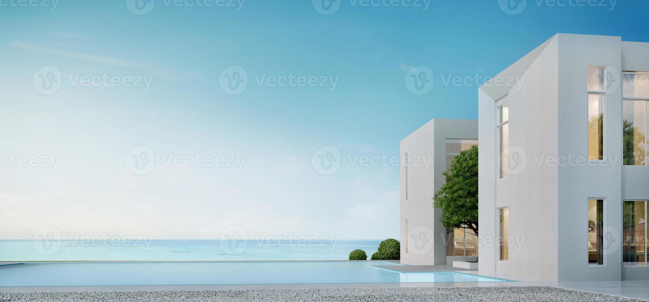 Sea view.Modern architecture with swimming pool and blue sky.Concept for vacation home or hotel.3d rendering photo