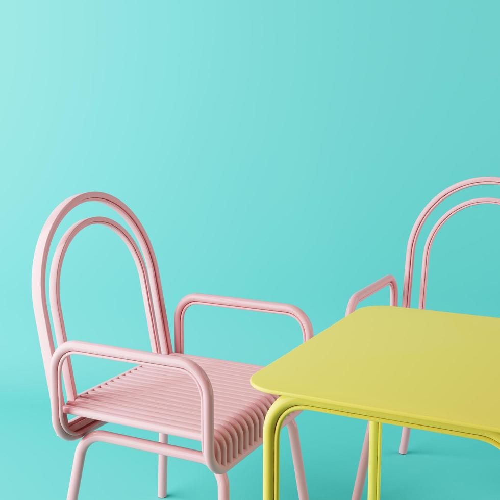 Mock up pastel chair and table dining set in blue pink and yellow.3d rendering photo